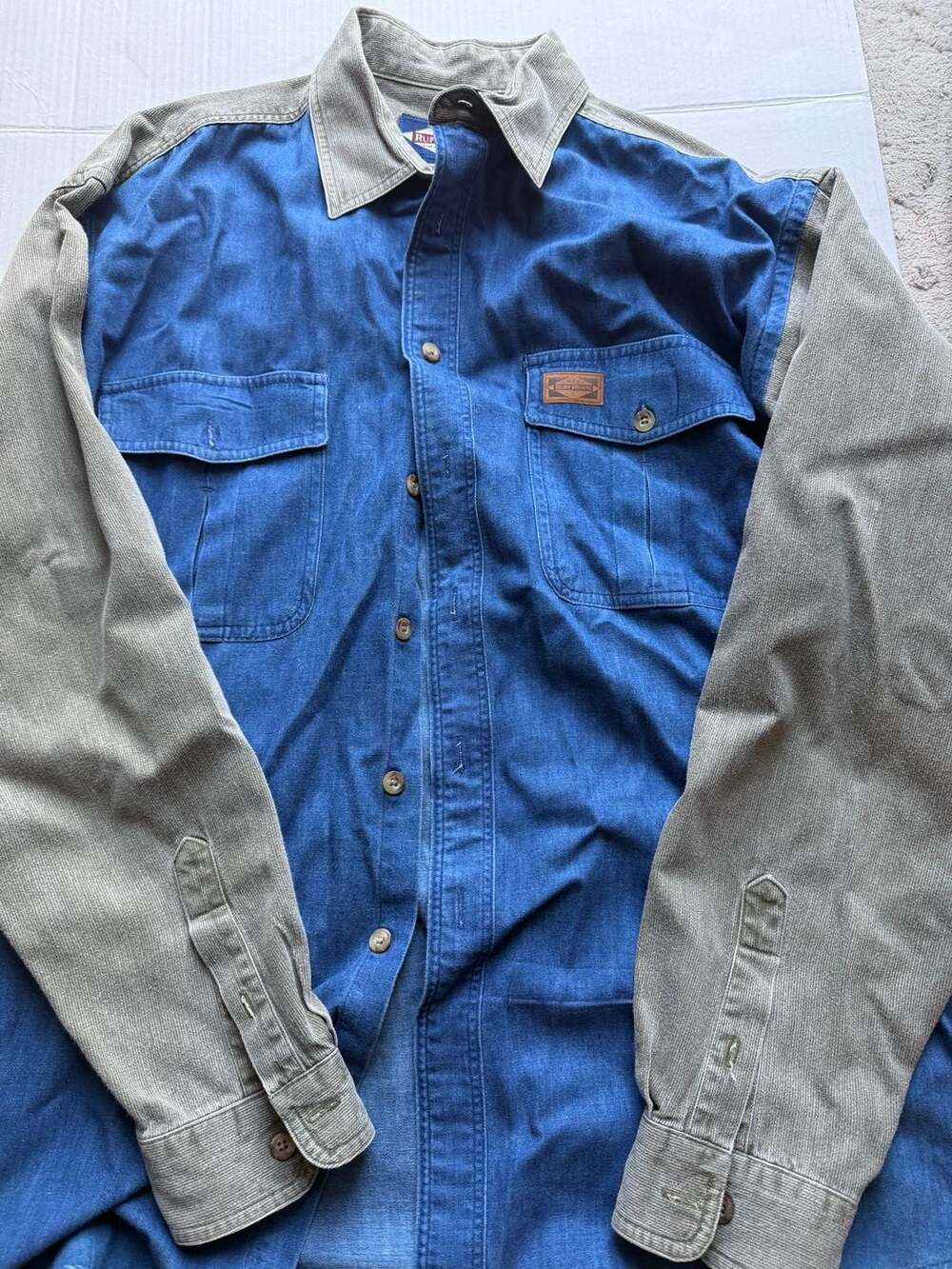Ruff Hewn Vintage 90s Two-Tone Denim and Corduroy Long Sleeve Button-Up Shirt